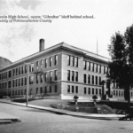 1920s, Intersection of Bluff Street and 5th Ave., looking southeast at Abraham Lincoln High, with Gibraltar behind it. (Note awesome cars in lower right corner!)